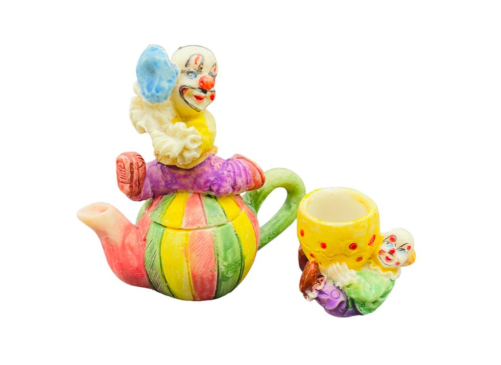 Vtg Handmade Circus Clown Mini Teapot and Cup Playful Colorful Whimsical